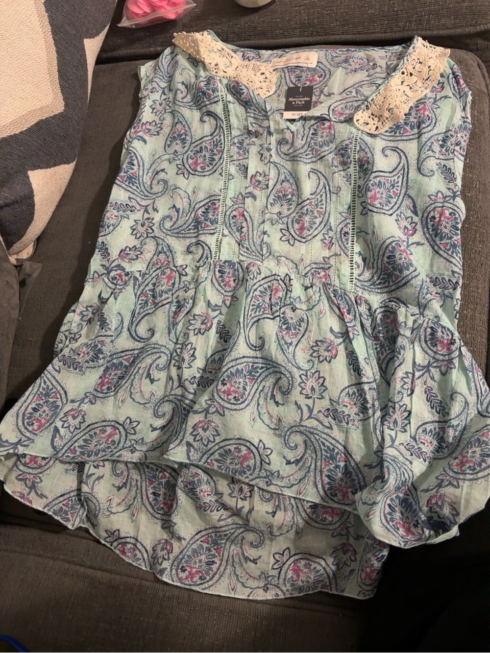 American Rag Light Blue Paisley Sleeveless Tunic with Crochet Collar size L